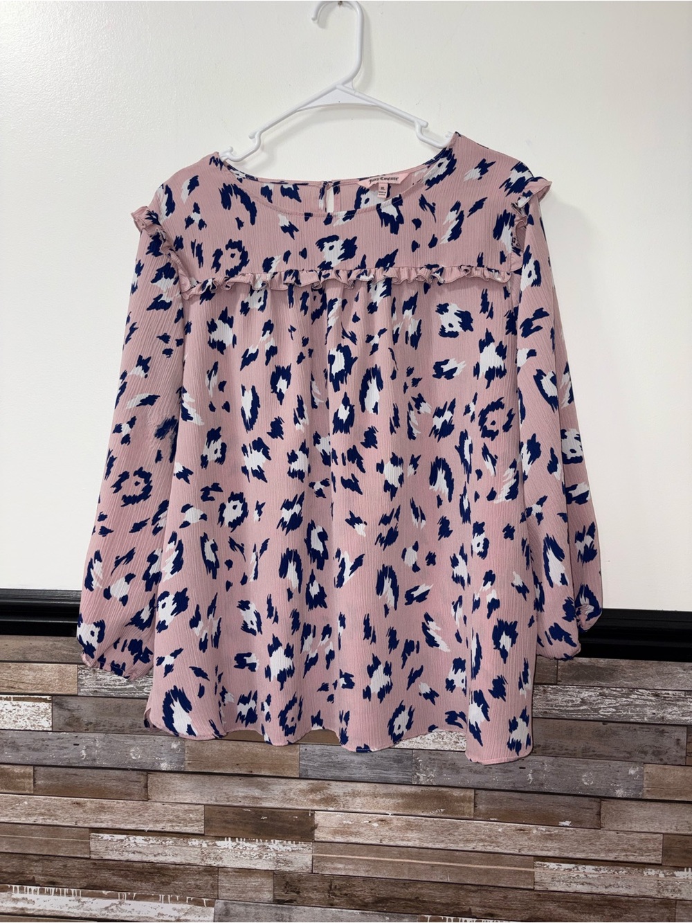 Juicy Couture Pink Leopard-Print Ruffle Yoke Blouse with Navy Accents Size XL